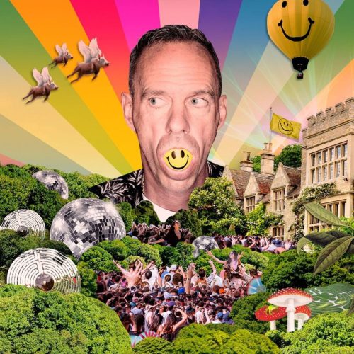 Fatboy slim on graphic background with rainbow stripes and disco balls