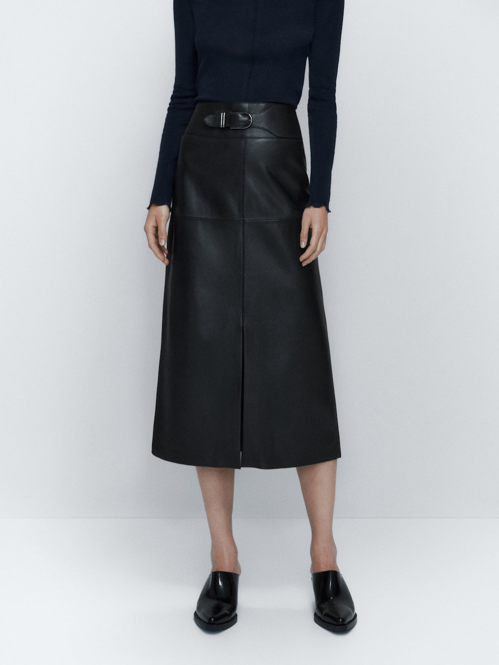 Massimo Dutti black leather midi skirt