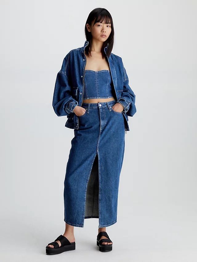 Calvin Klein blue denim maxi skirt split at front