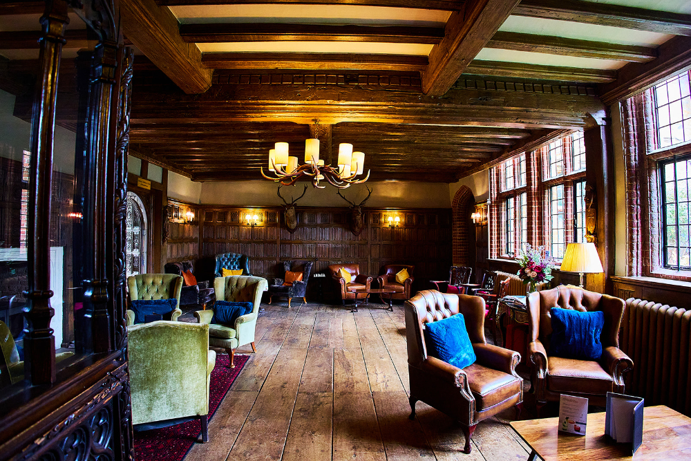 wood-panelled lounge inside a Suffolk hotel