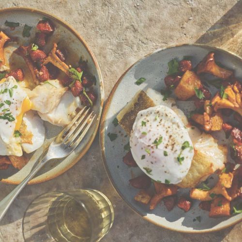 Make this! Pan-fried cod with chorizo, wild mushrooms and a poached egg