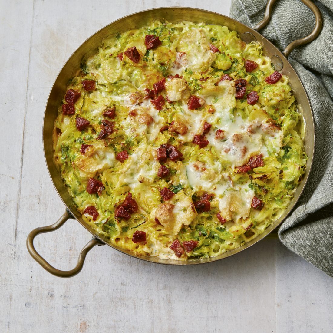 Recipe: Creamy chorizo & Brussels sprouts gratin